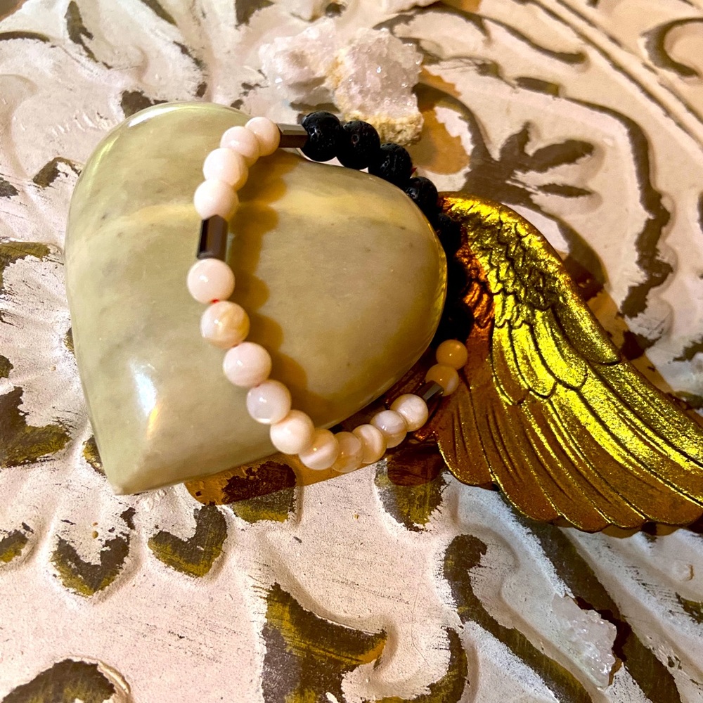 Morse code bracelet “Blessed” lava stones with water shell stones